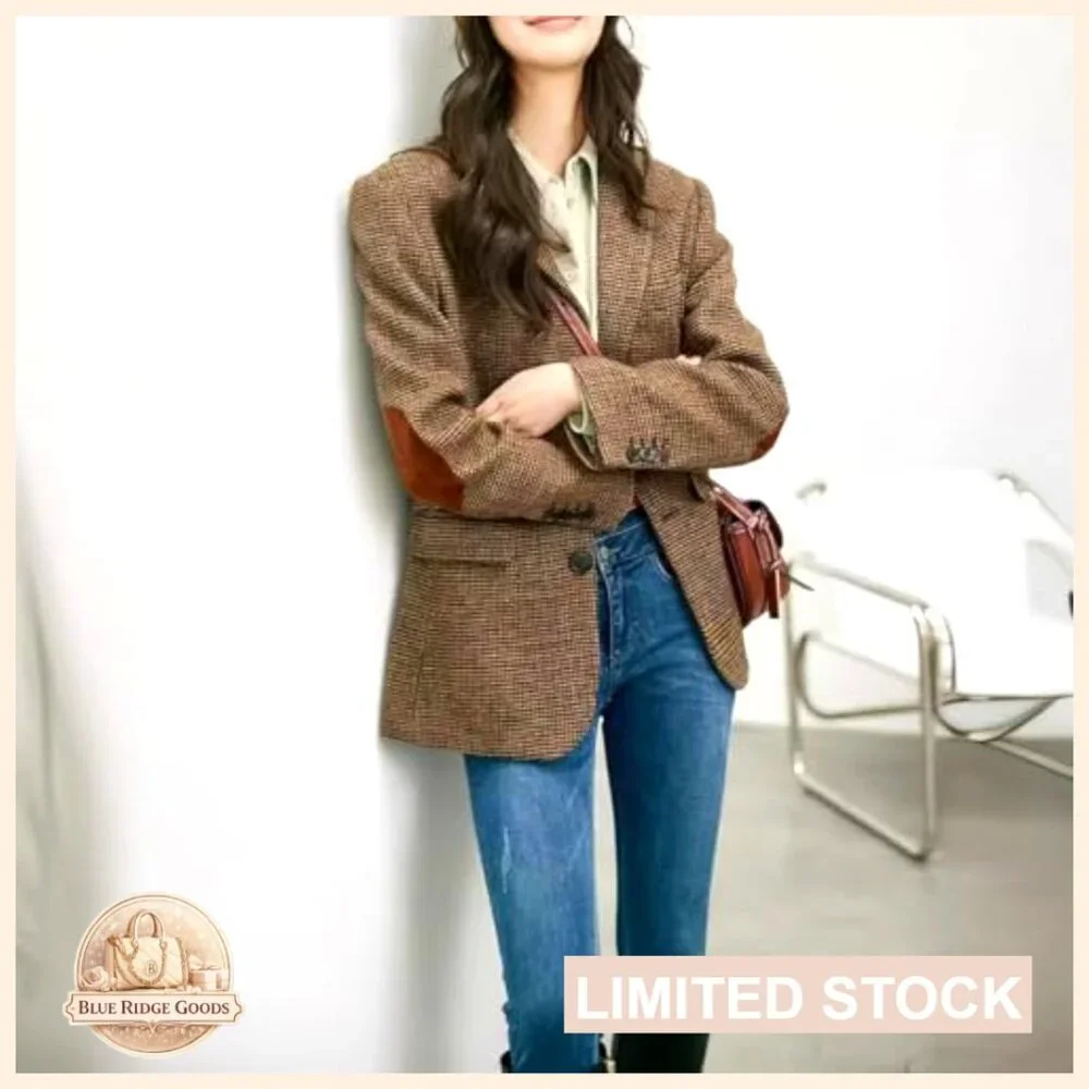 Wool Blend Blazer Classic Plaid Business Casual Work Coat Elegant Retro - Picture 7 of 7